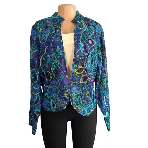 3/$30 🍂Chico's Silk Embroidered Embellished Open Front Cut Work Jacket Blue Aqua - Picture 1 of 10